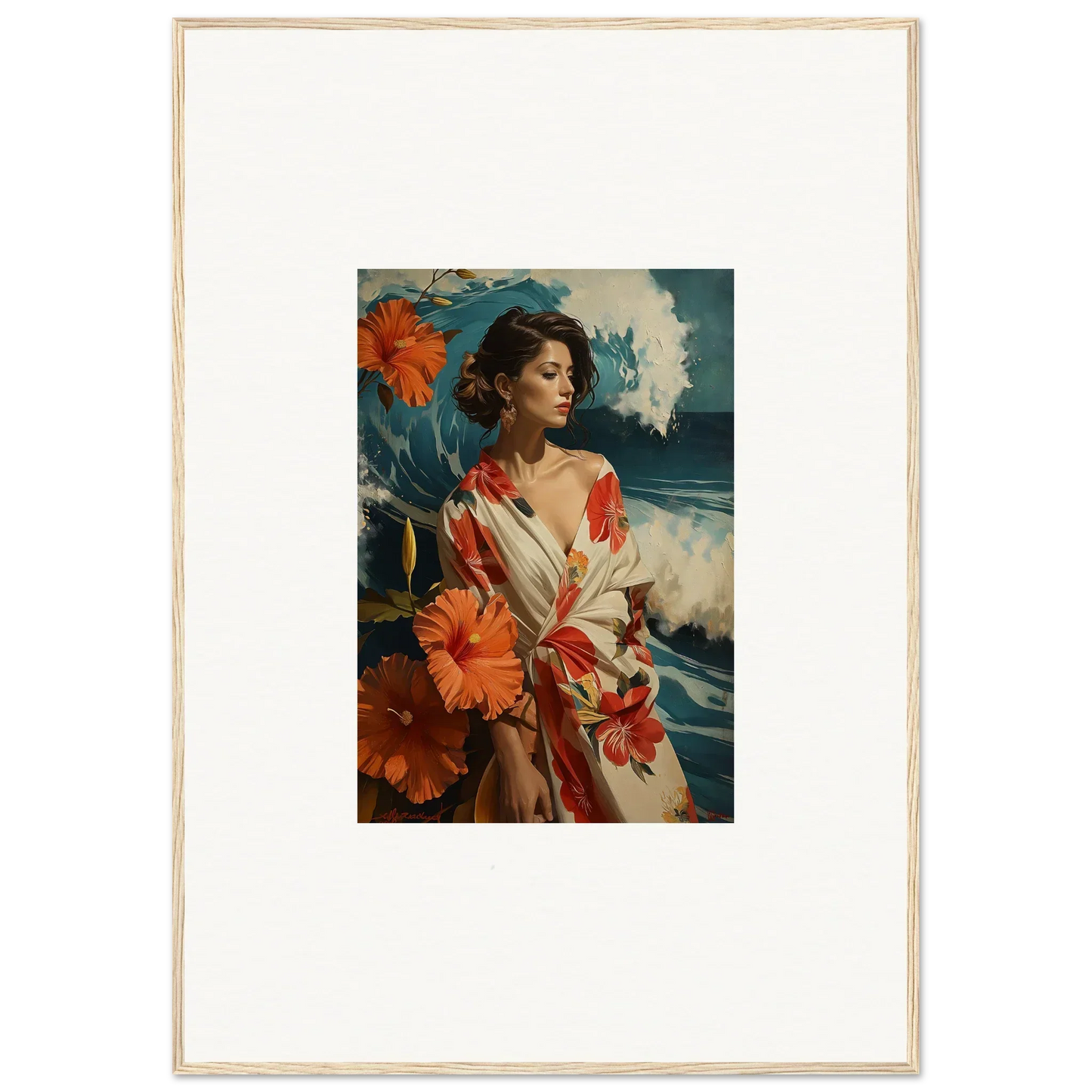 Portrait of a woman in a floral robe for coastal room decoration, Musing Cascade canvas print