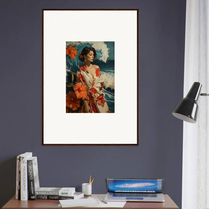 Framed canvas print of a woman in red with flowers, perfect for Musing Cascade room decoration