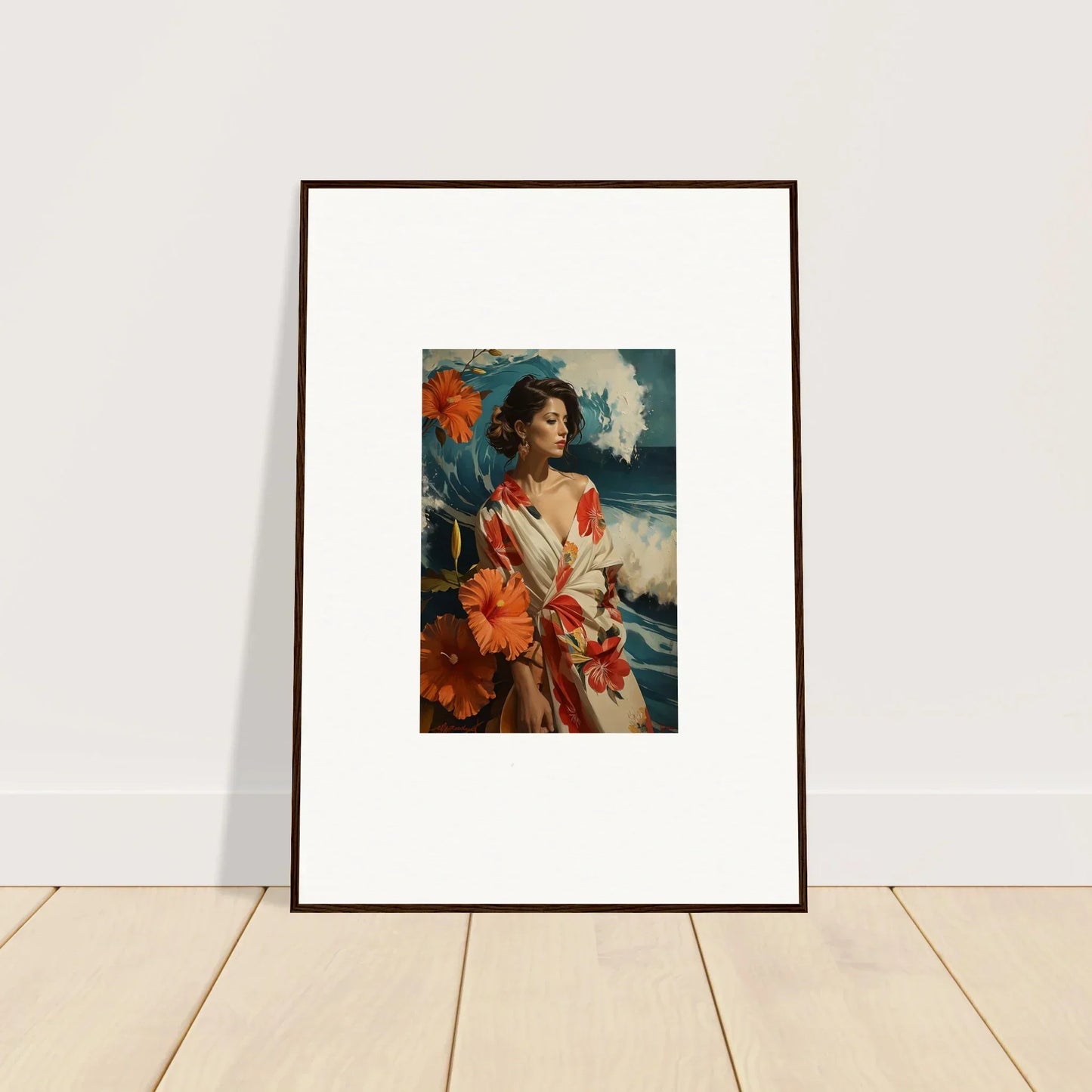 Framed canvas print of a woman in a white dress, perfect for room decoration with Musing Cascade vibe