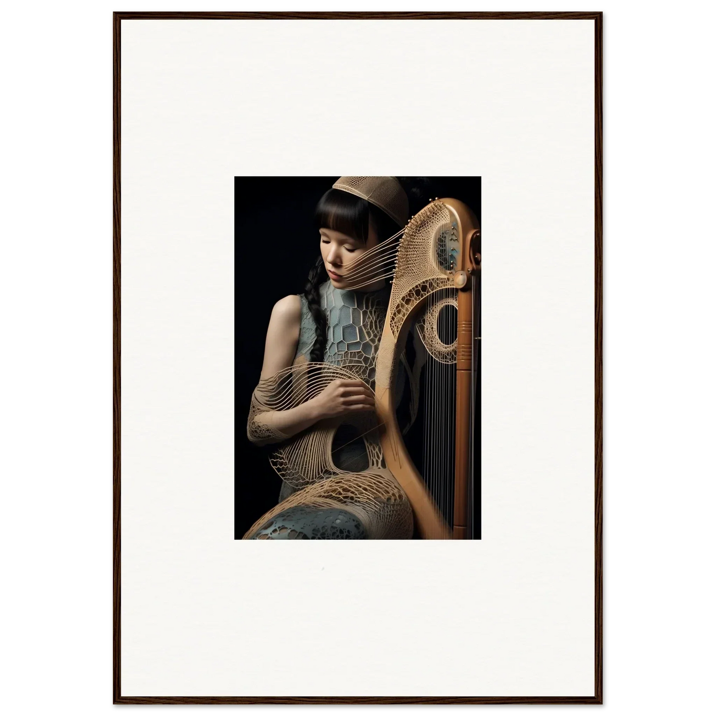 Ornate wooden harp held by a person in stylized clothing for Velvet Fantasia room decor