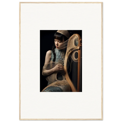 Elegant person holding an ornate wooden harp, a centerpiece for Velvet Fantasia room decor