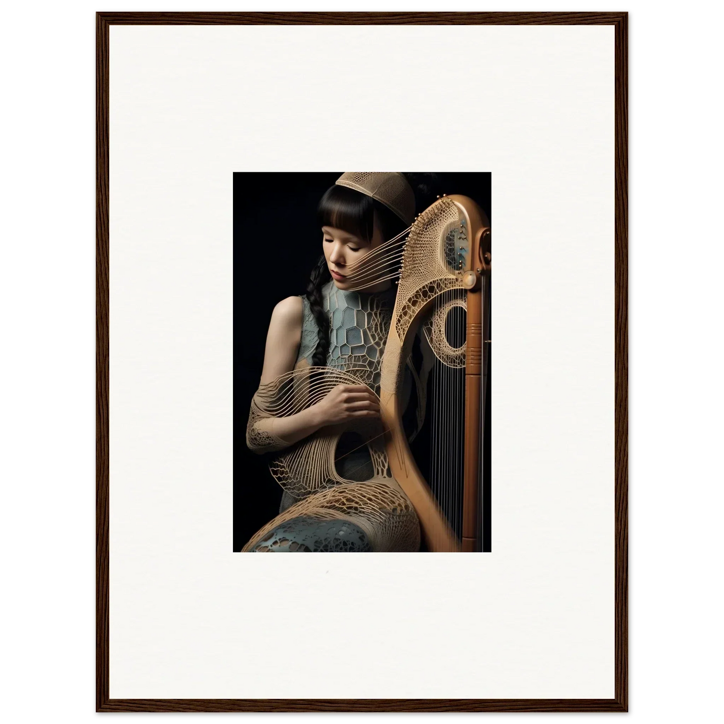 Ornate golden harp with person, perfect for Velvet Fantasia room decor or framed wall art