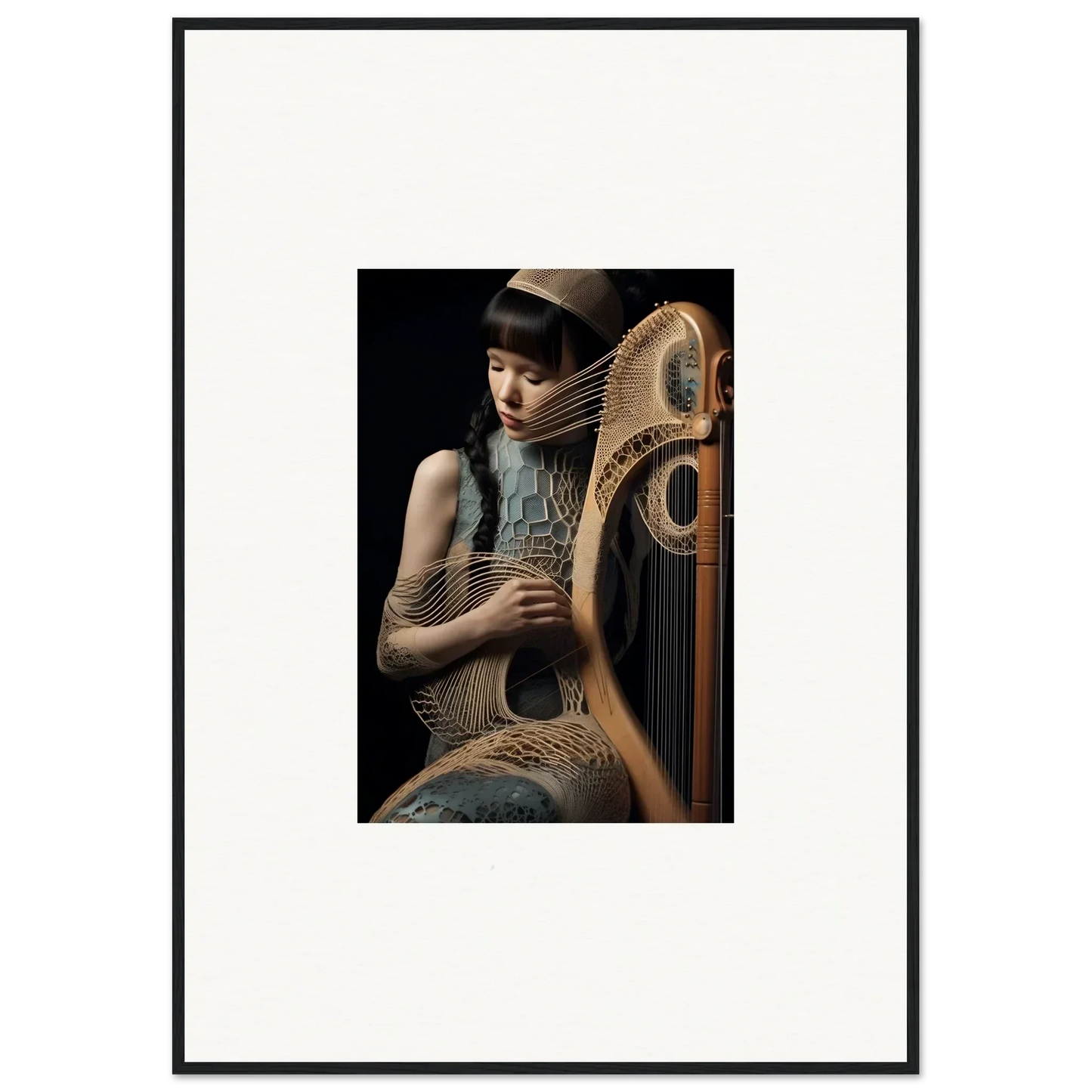 Elegant person playing an ornate harp, part of Velvet Fantasia room decor