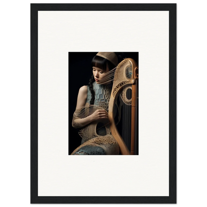 Elegant person playing ornate harp in Velvet Fantasia framed wall art for room decor