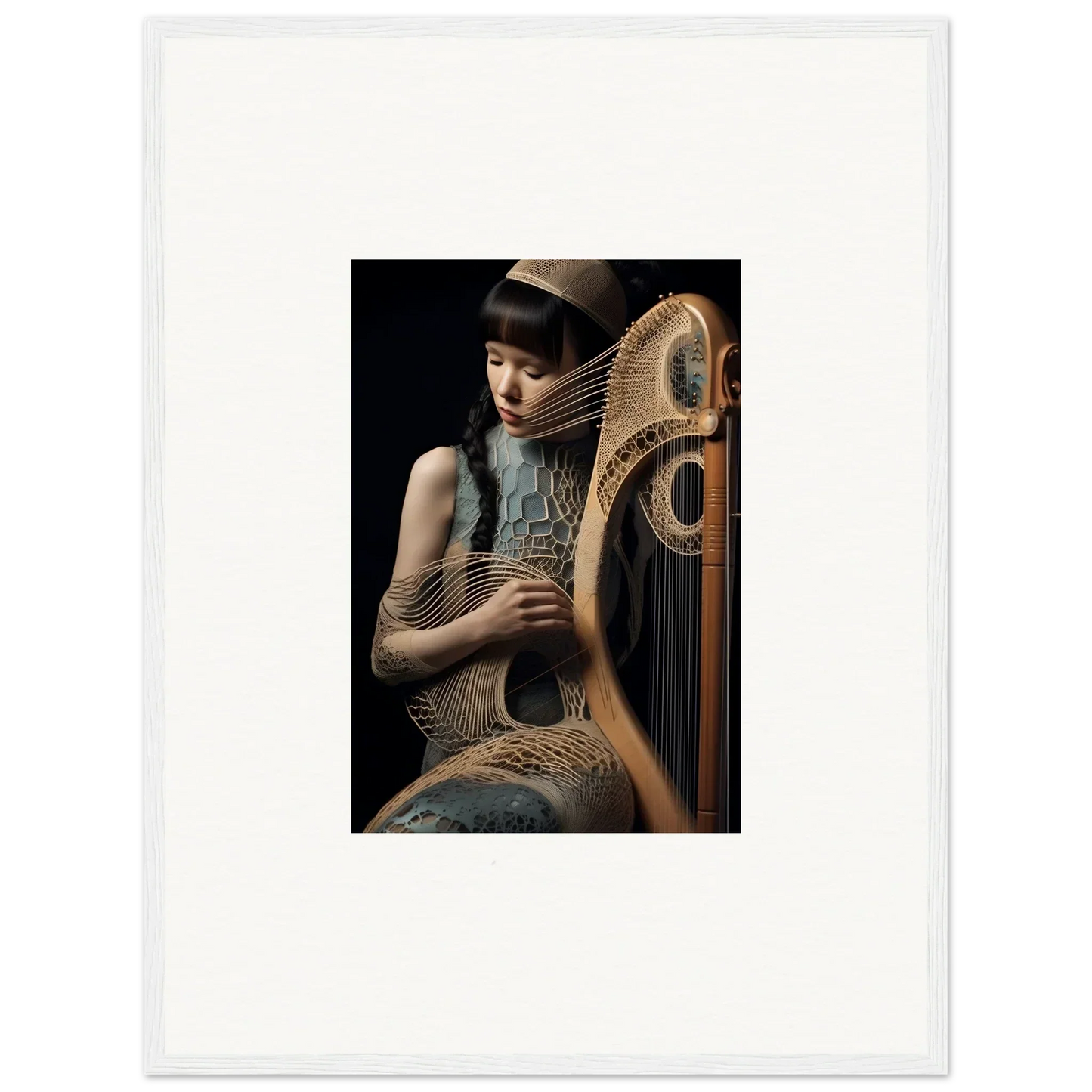 Elegant person playing an ornate golden harp, perfect for Velvet Fantasia room decor