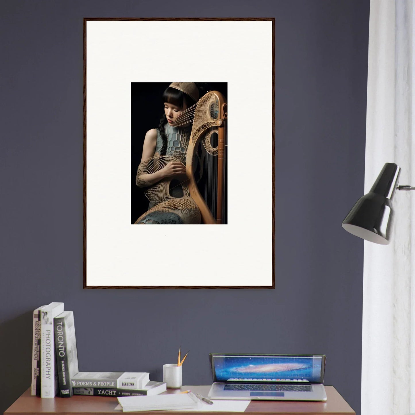 Framed wall art of a person with a harp in Harmonic Velvet Fantasia for elegant room decor