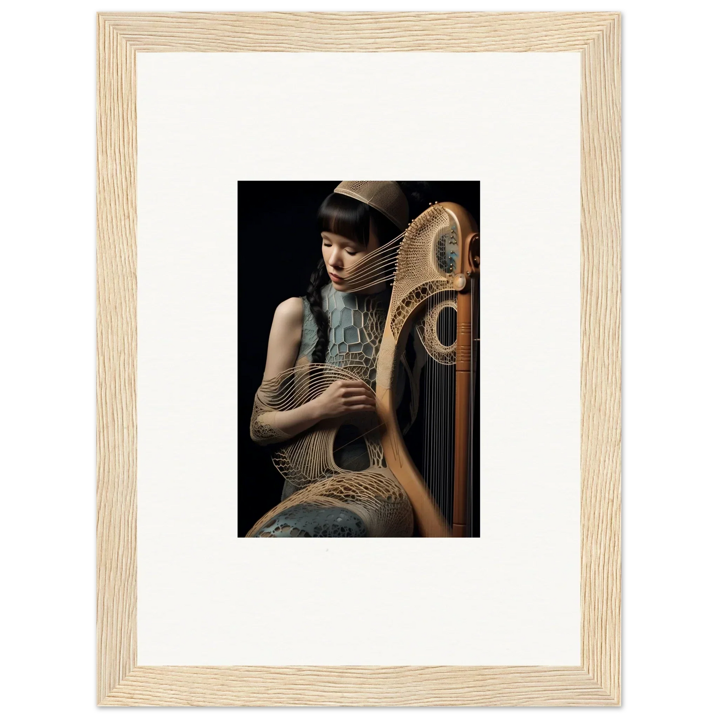 Framed wall art featuring a person with an ornate harp-like instrument in Velvet Fantasia