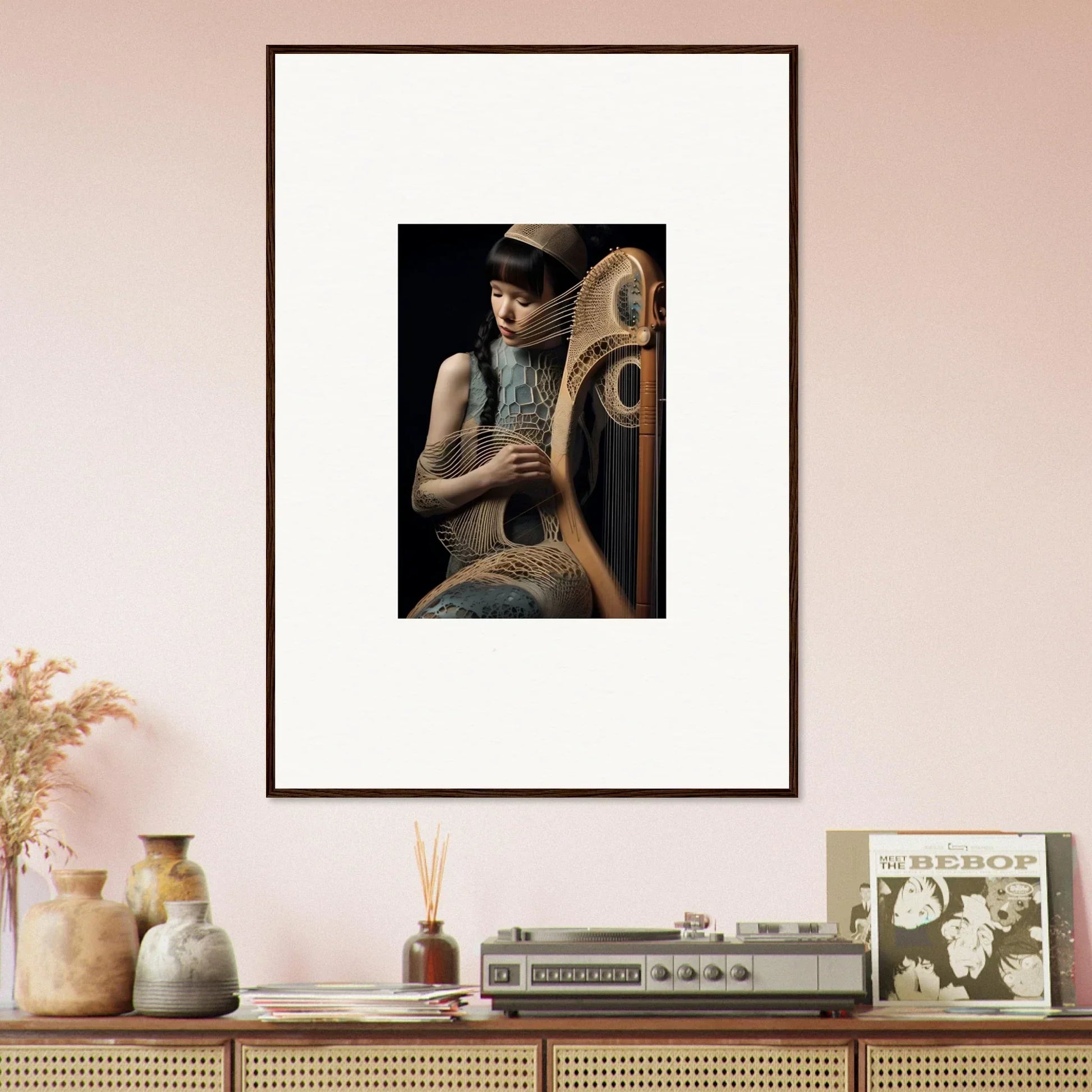 Framed wall art of a person with a guitar, perfect for Velvet Fantasia room decor