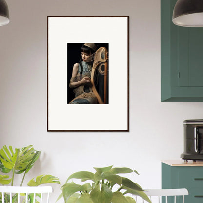 Framed wall art of a person with a harp, perfect for Velvet Fantasia room decor