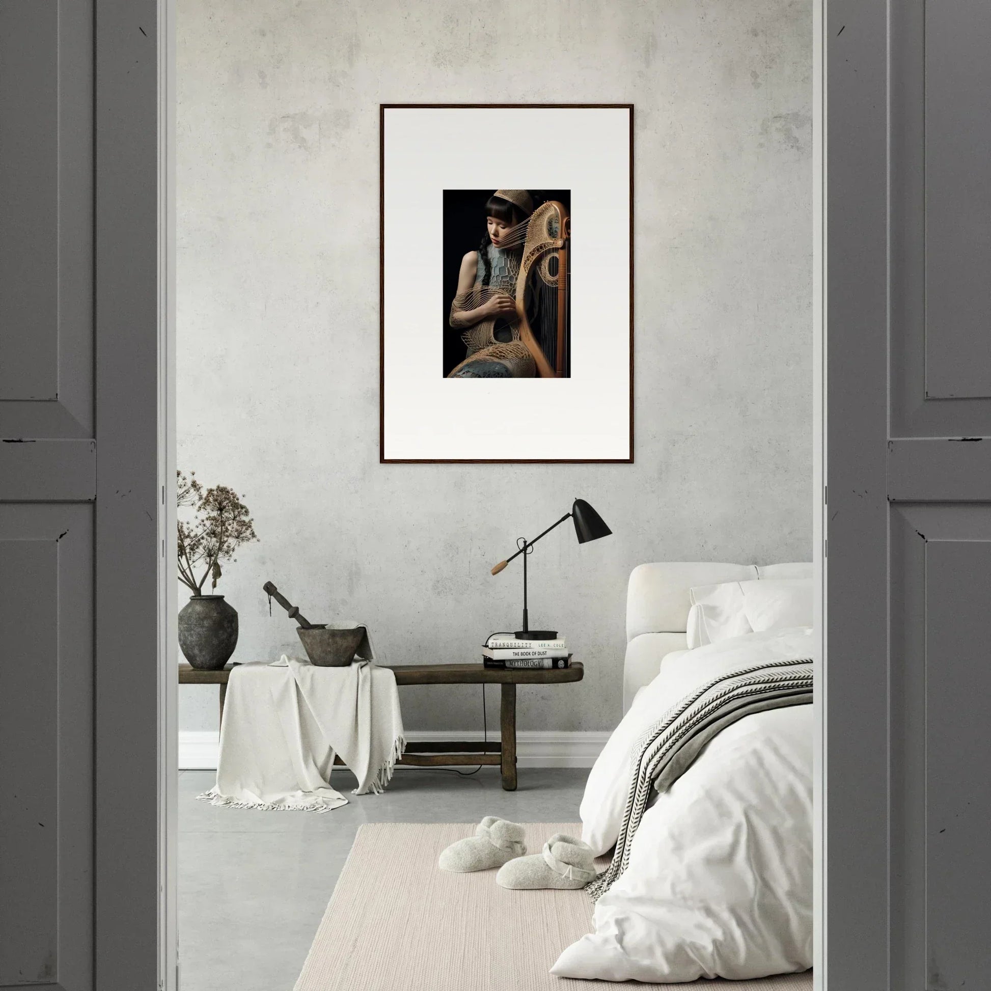 Framed wall art of a figure with a musical instrument, perfect for Velvet Fantasia room decor