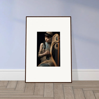 Framed wall art of a person holding a harp for velvet fantasia room decor