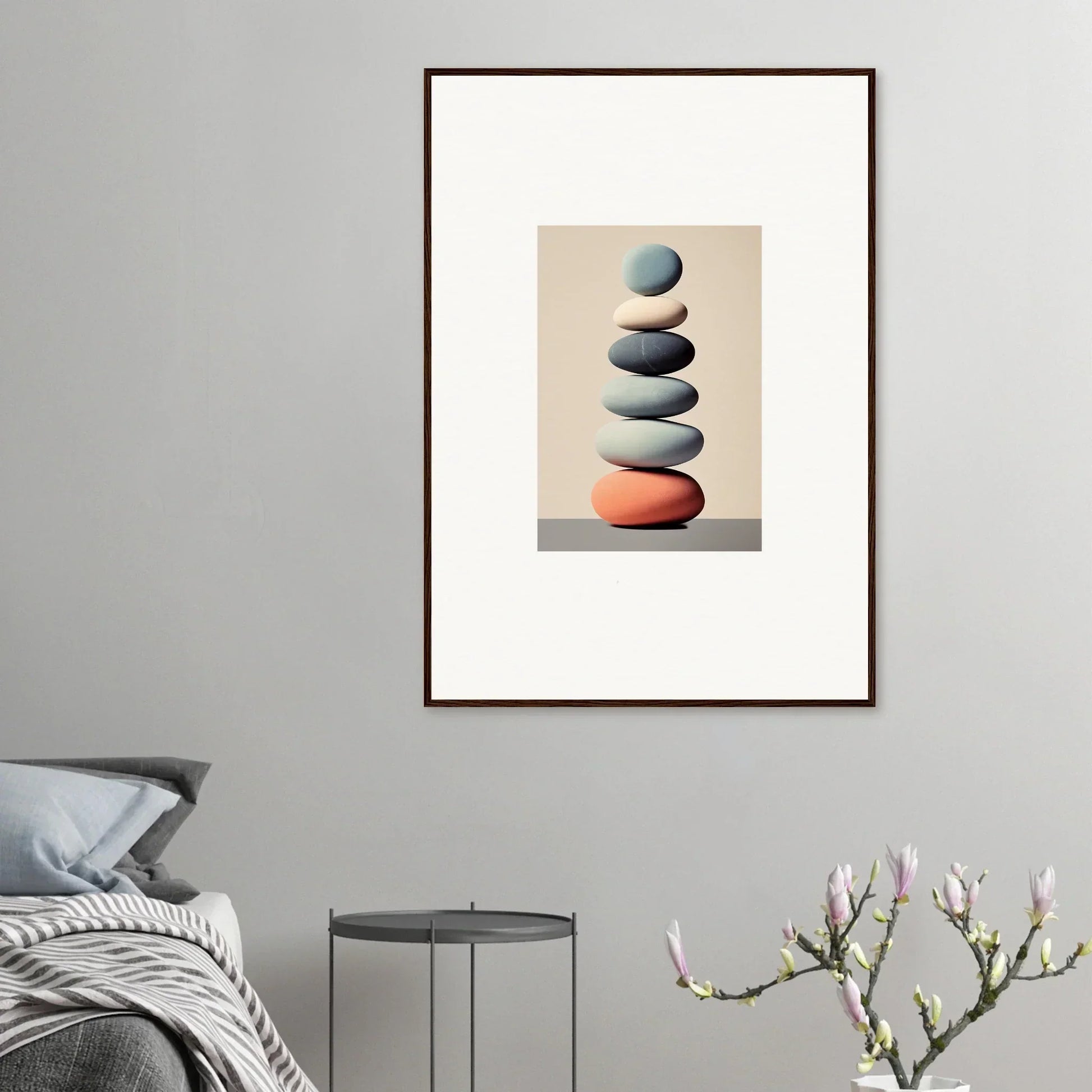 Smooth stones balancing beautifully in a minimalist composition, perfect for room decoration