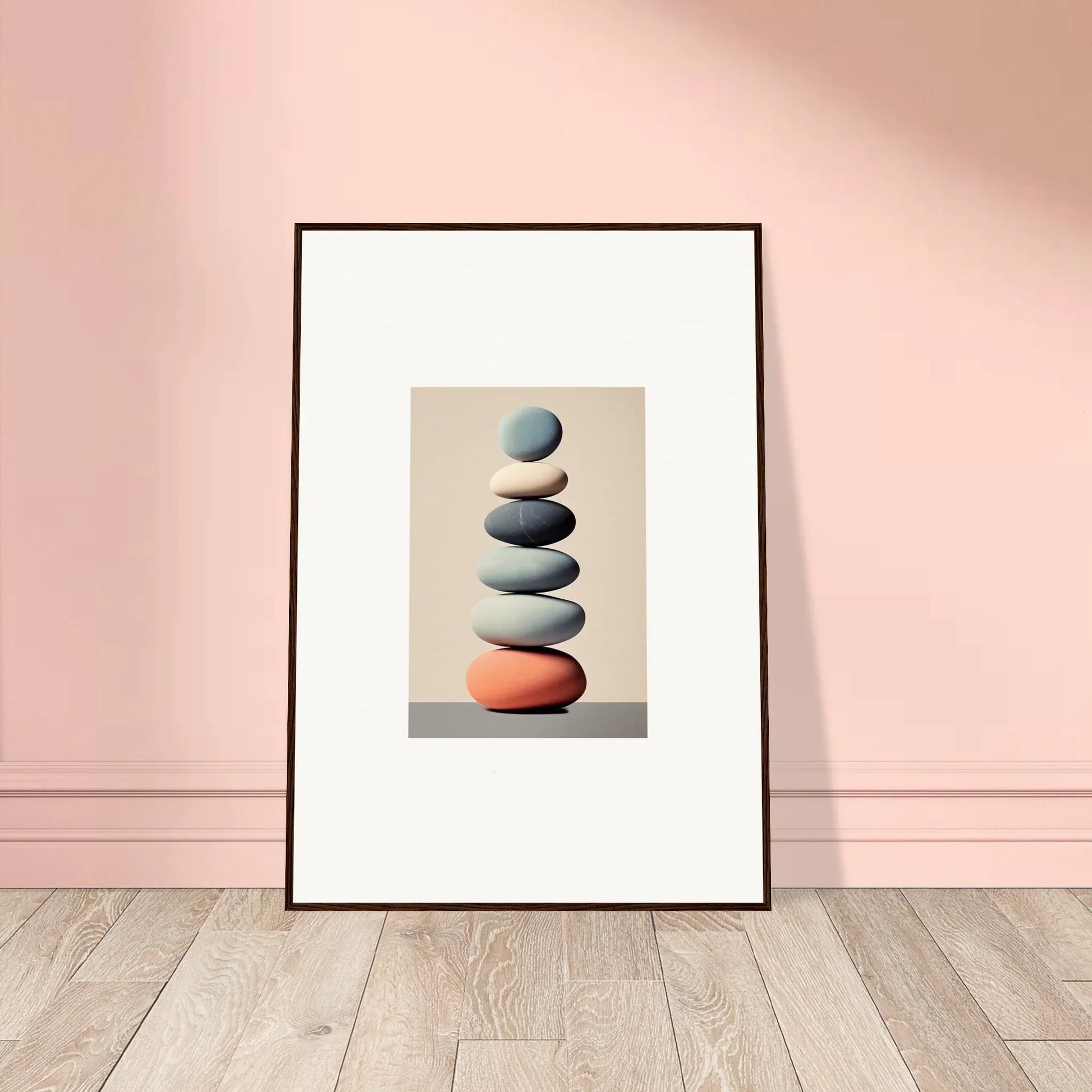 Framed canvas print of balanced stones with a red base for stylish room decoration