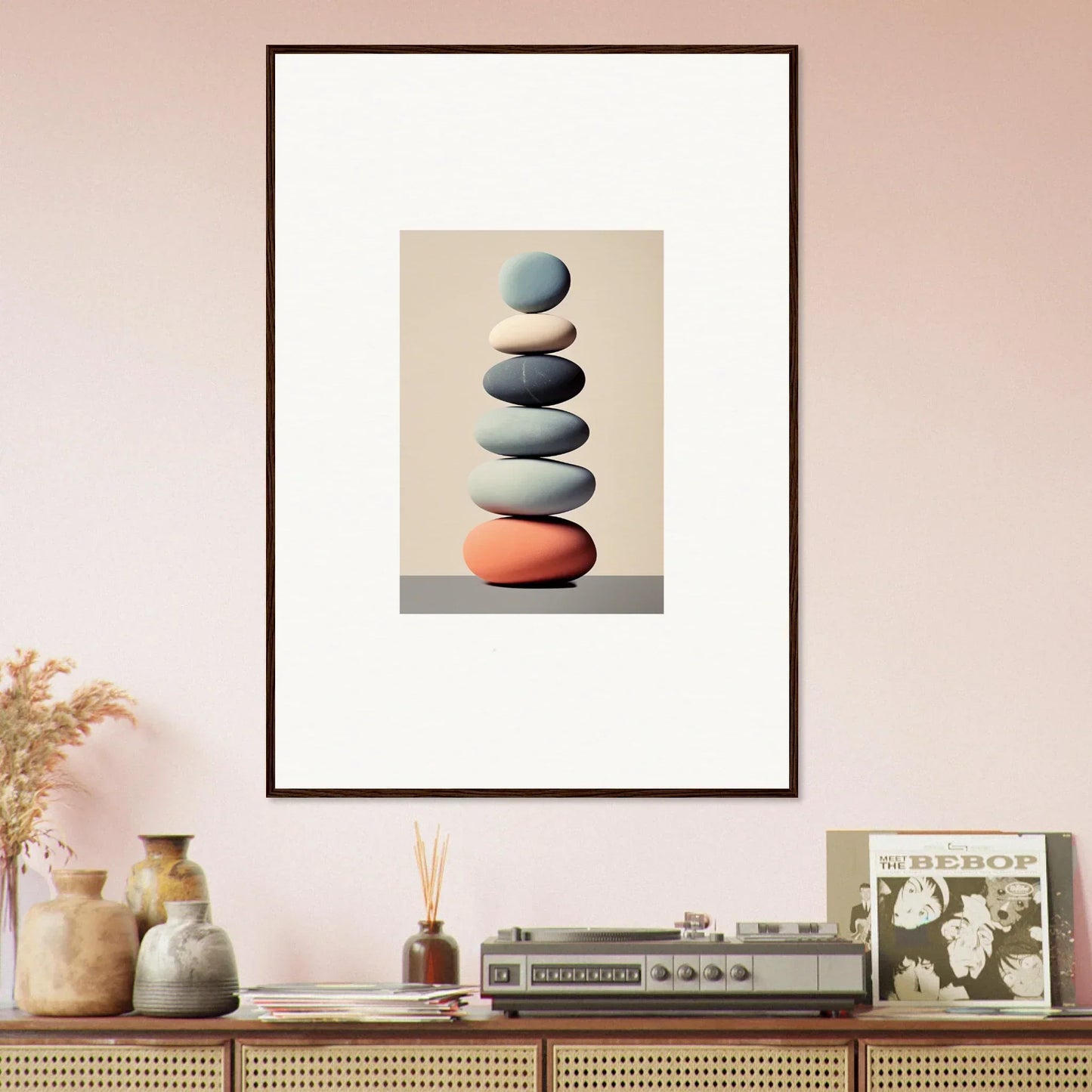 Framed canvas print of balanced stones for harmony in room decoration