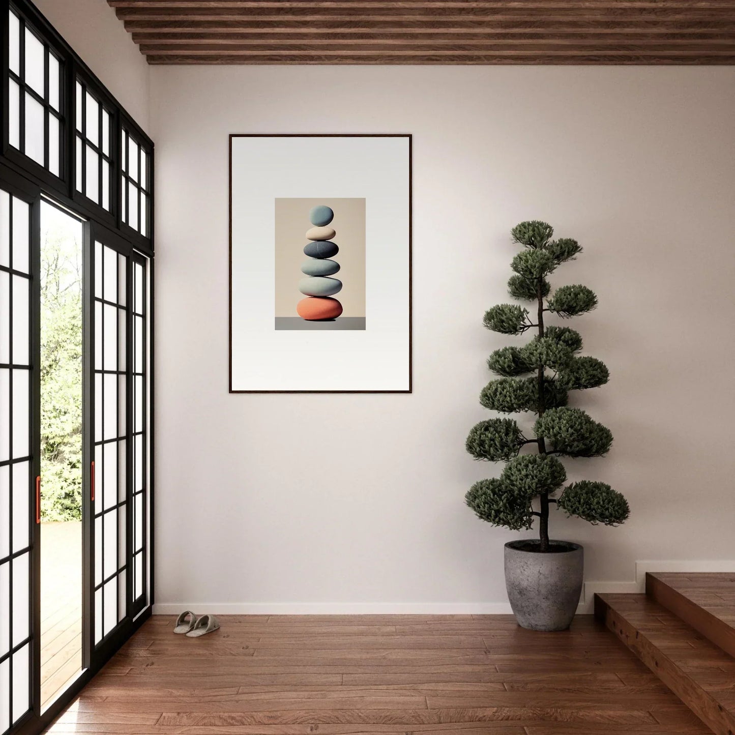 Framed canvas print of balanced stones for a stylish room decoration with balances meta