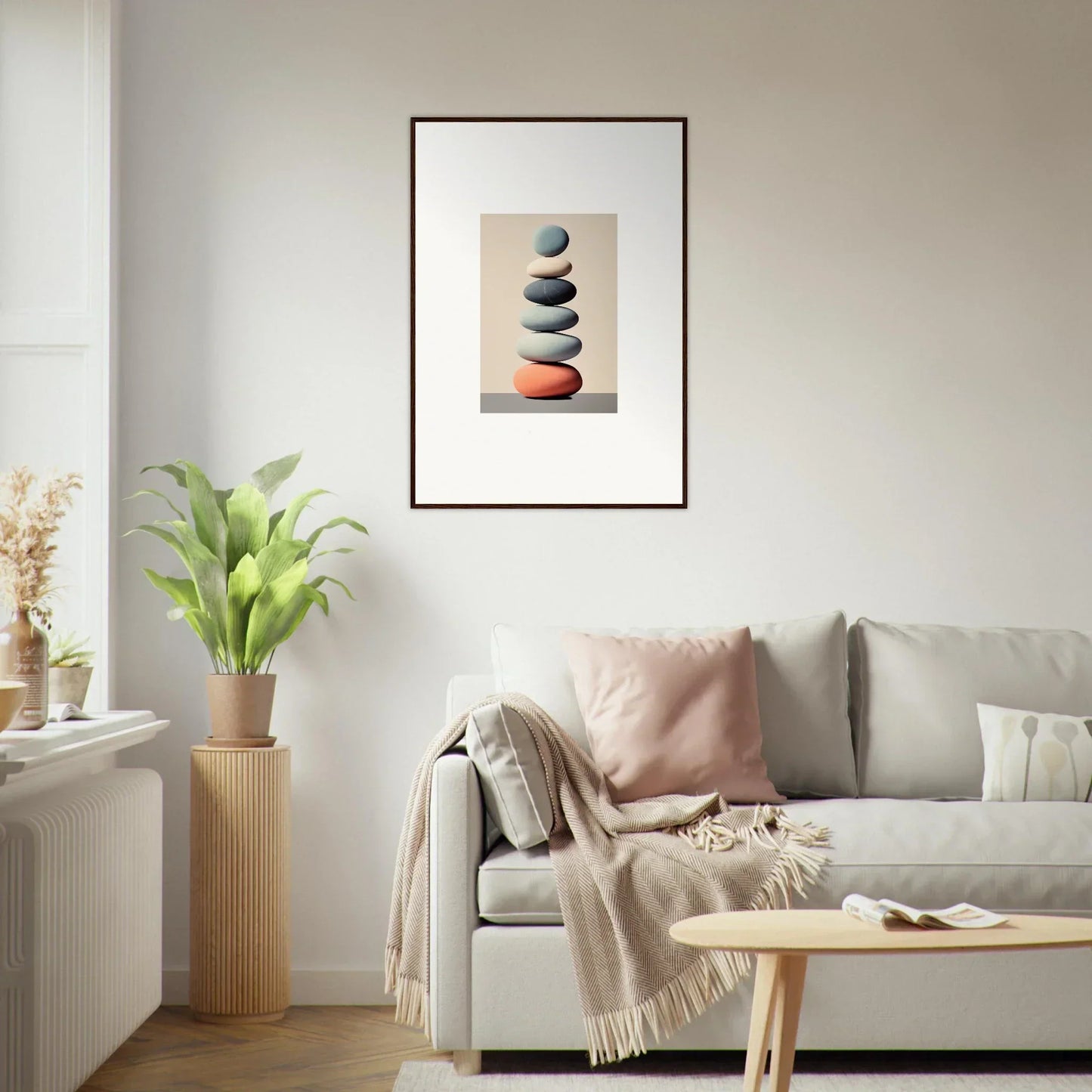 Framed canvas print of balanced stones with a red stone for harmony balances meta room decoration