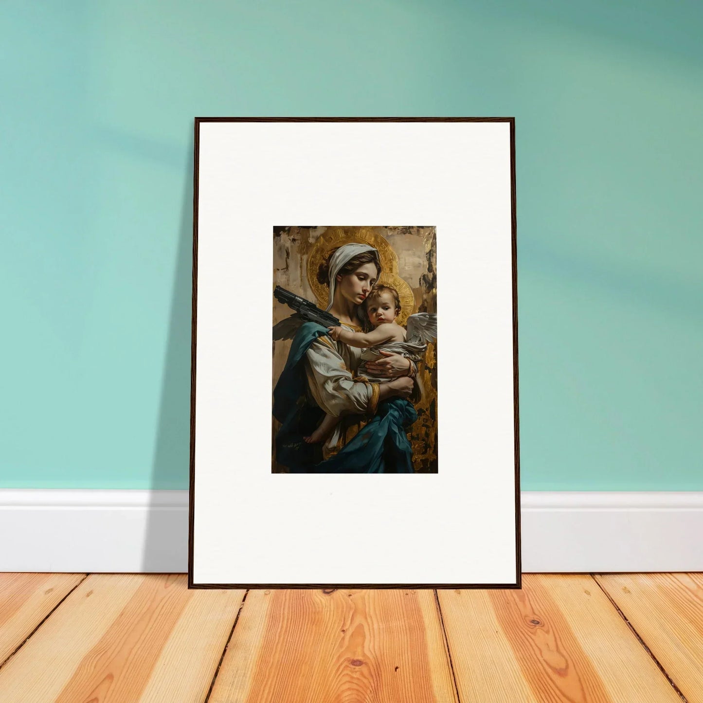 Framed canvas print of a woman with a child, perfect for your Halo Paradox room decoration