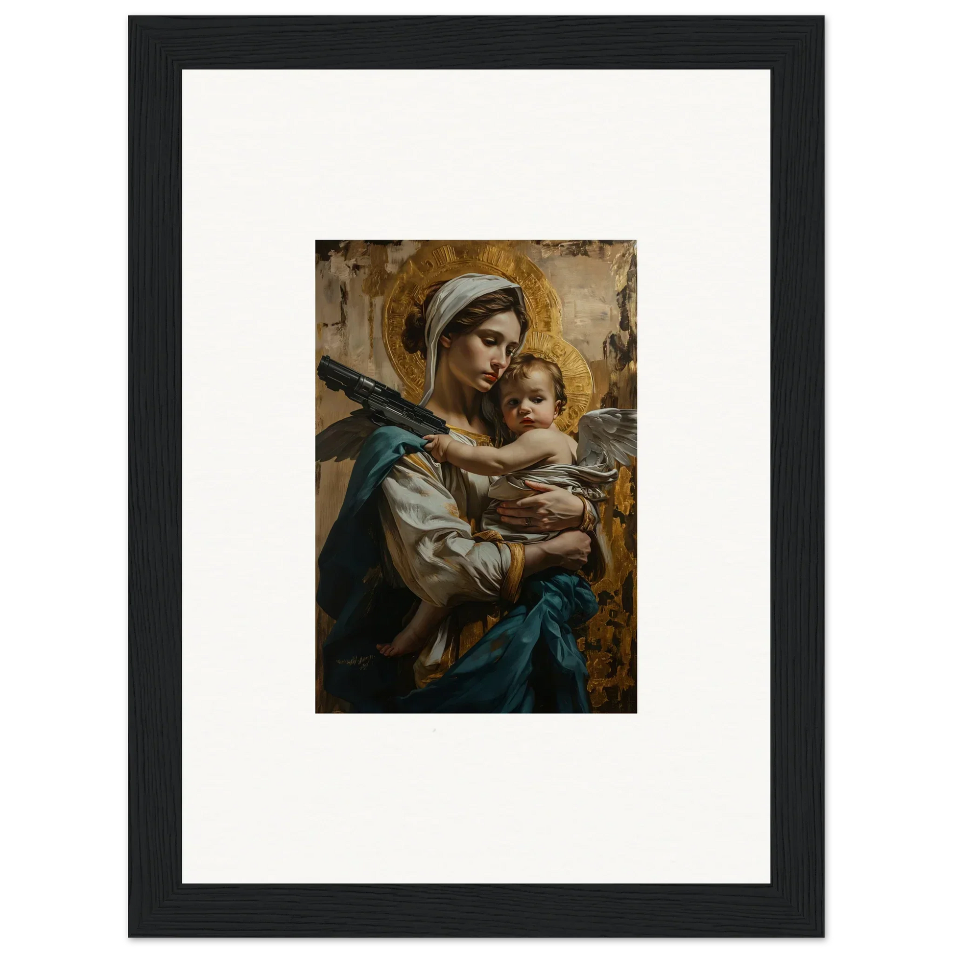 Framed canvas print of a woman with a baby, perfect Halo Paradox room decoration