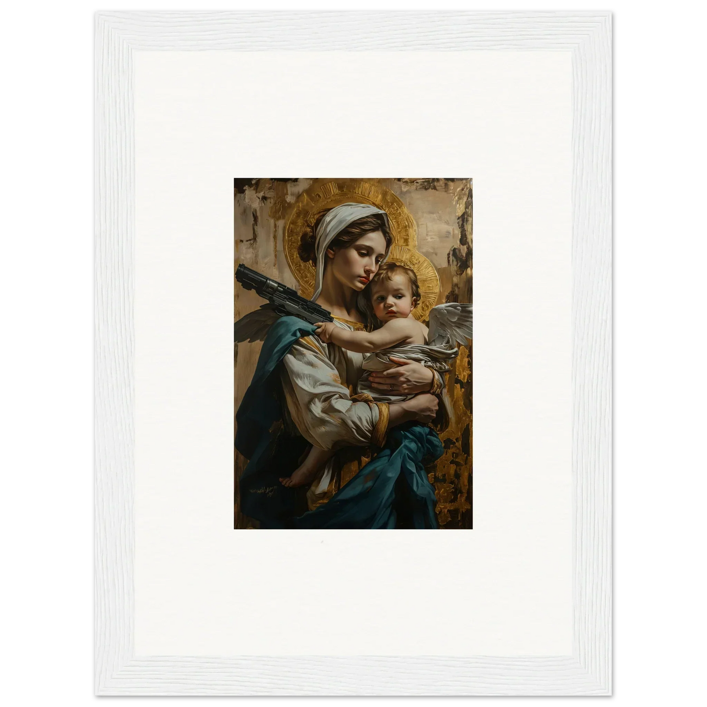 Woman holding a baby in a white-framed canvas print for room decoration featuring Halo Paradox