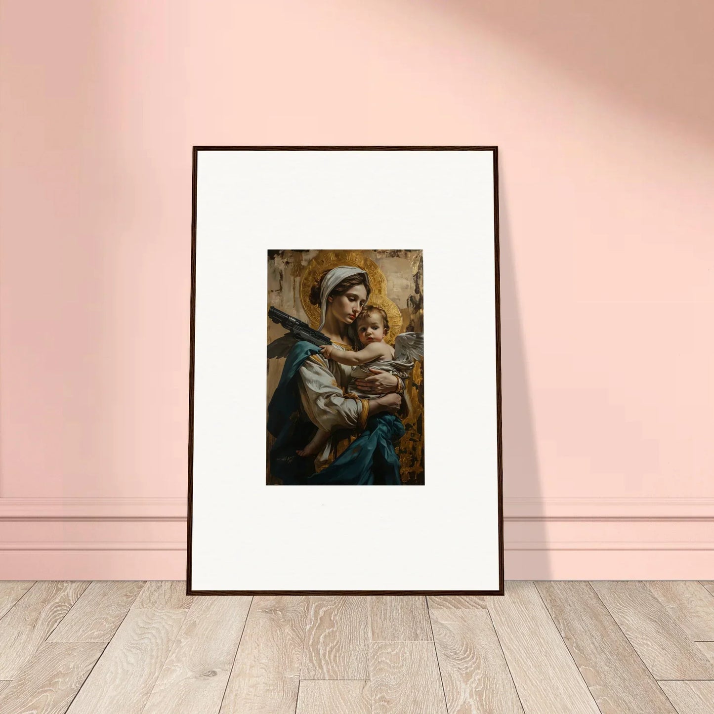 Framed canvas print of a woman with baby, perfect for room decoration and halo paradox vibe