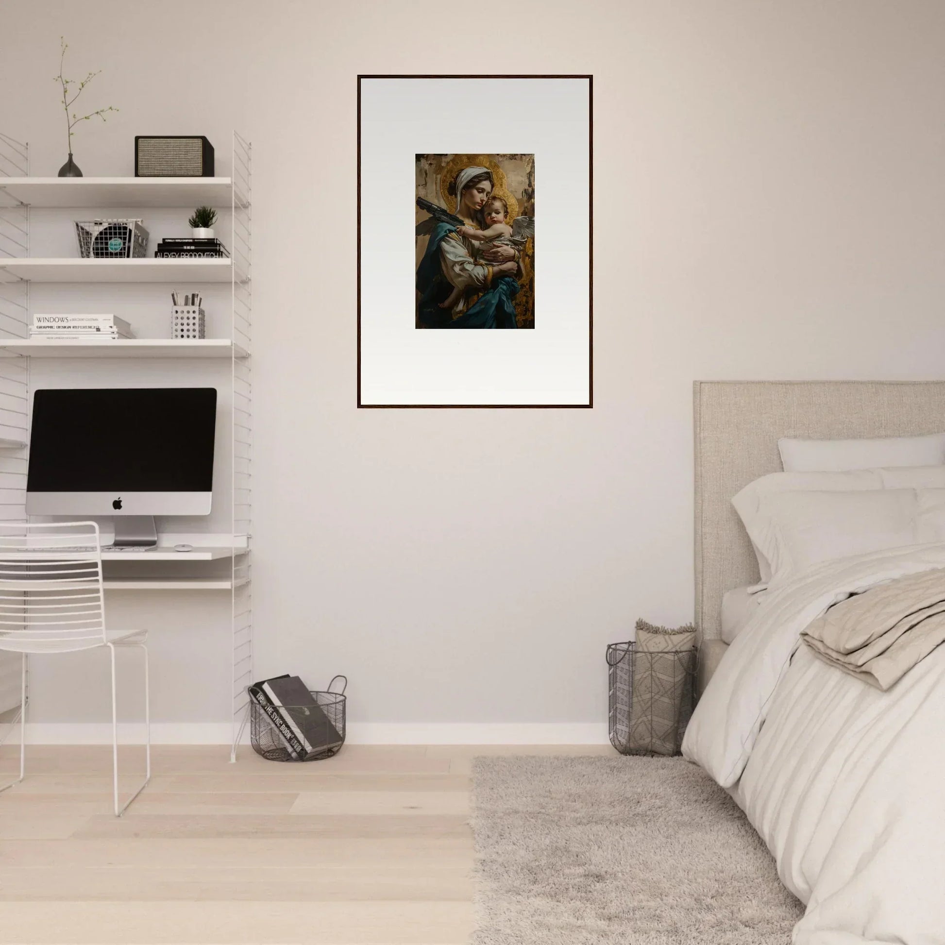 Framed canvas print of a person in a headscarf with a cat for unique room decoration