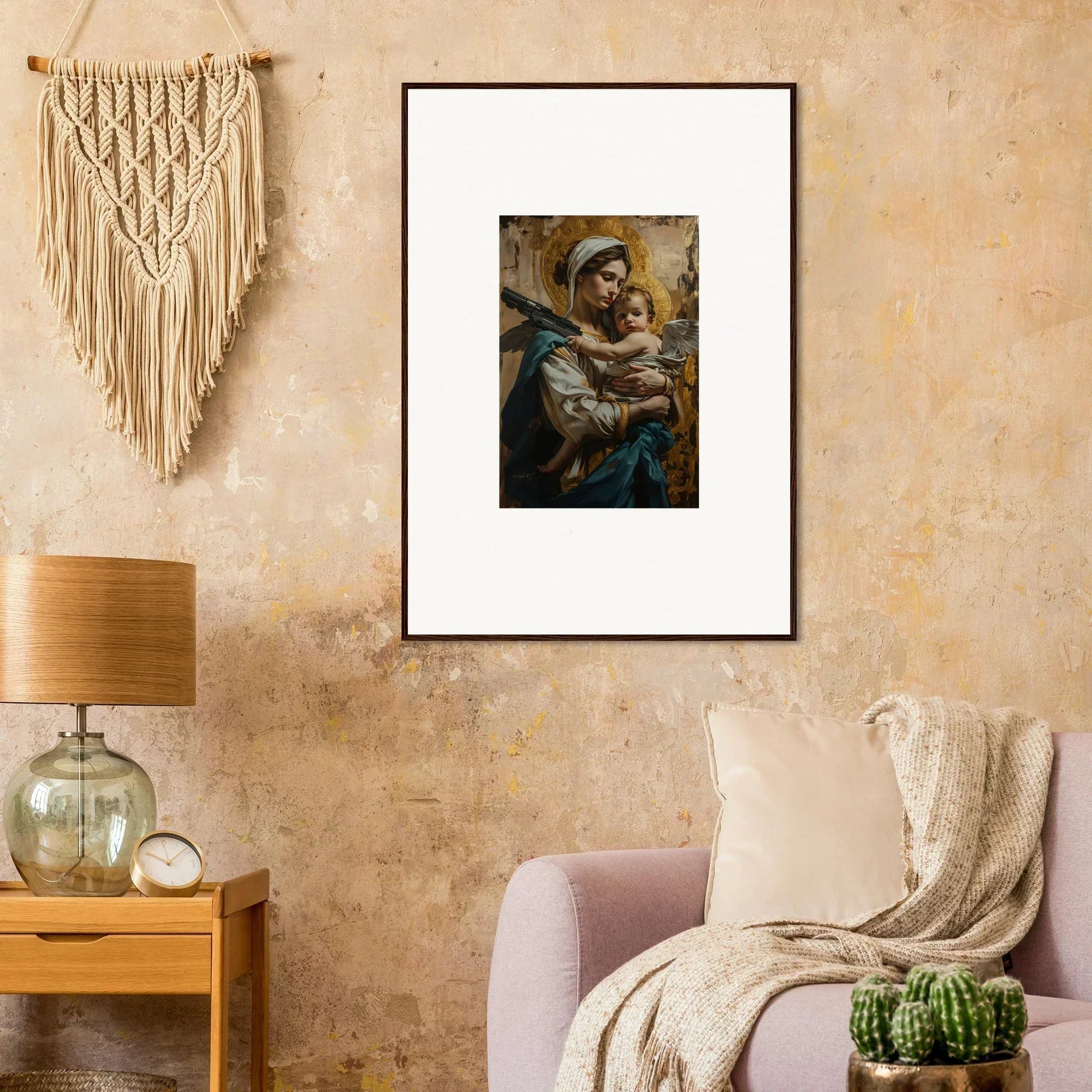 Framed canvas print of Madonna and Child, perfect for room decoration with a halo paradox vibe