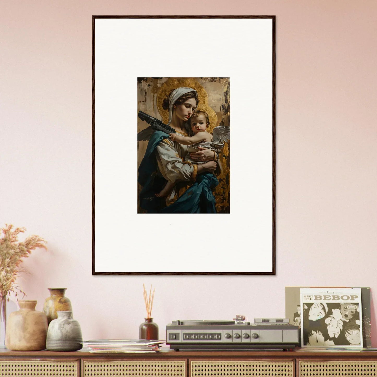 Framed painting of a woman with child, perfect for room decoration and halo paradox lovers