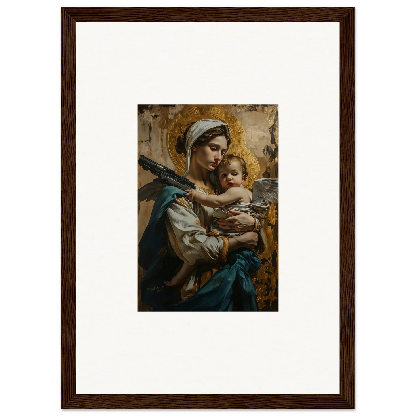 Framed canvas print of a woman with a baby, a perfect fit for room decoration with a halo paradox vibe