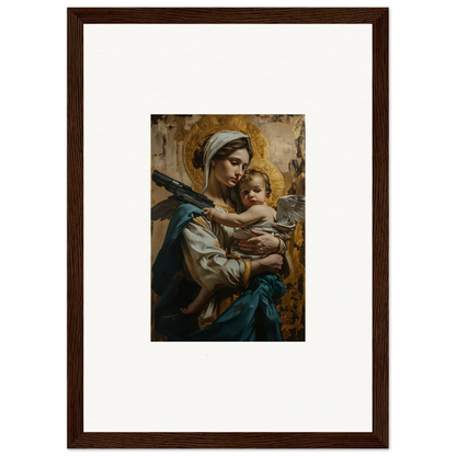 Framed canvas print of a woman with a baby, a perfect fit for room decoration with a halo paradox vibe