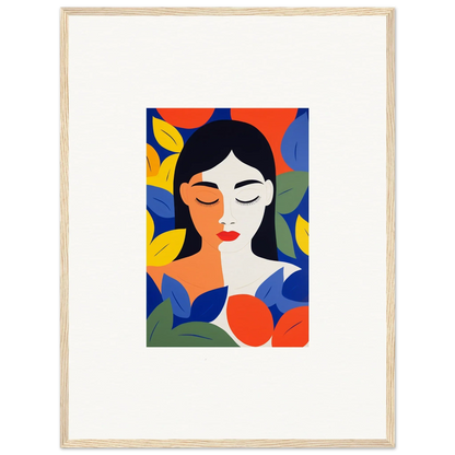 Colorful abstract portrait of a woman with leaves, ideal for room decor and framed wall art