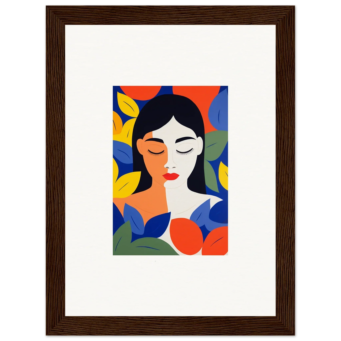 Colorful abstract portrait of a woman with leaves, perfect for room decor or framed wall art