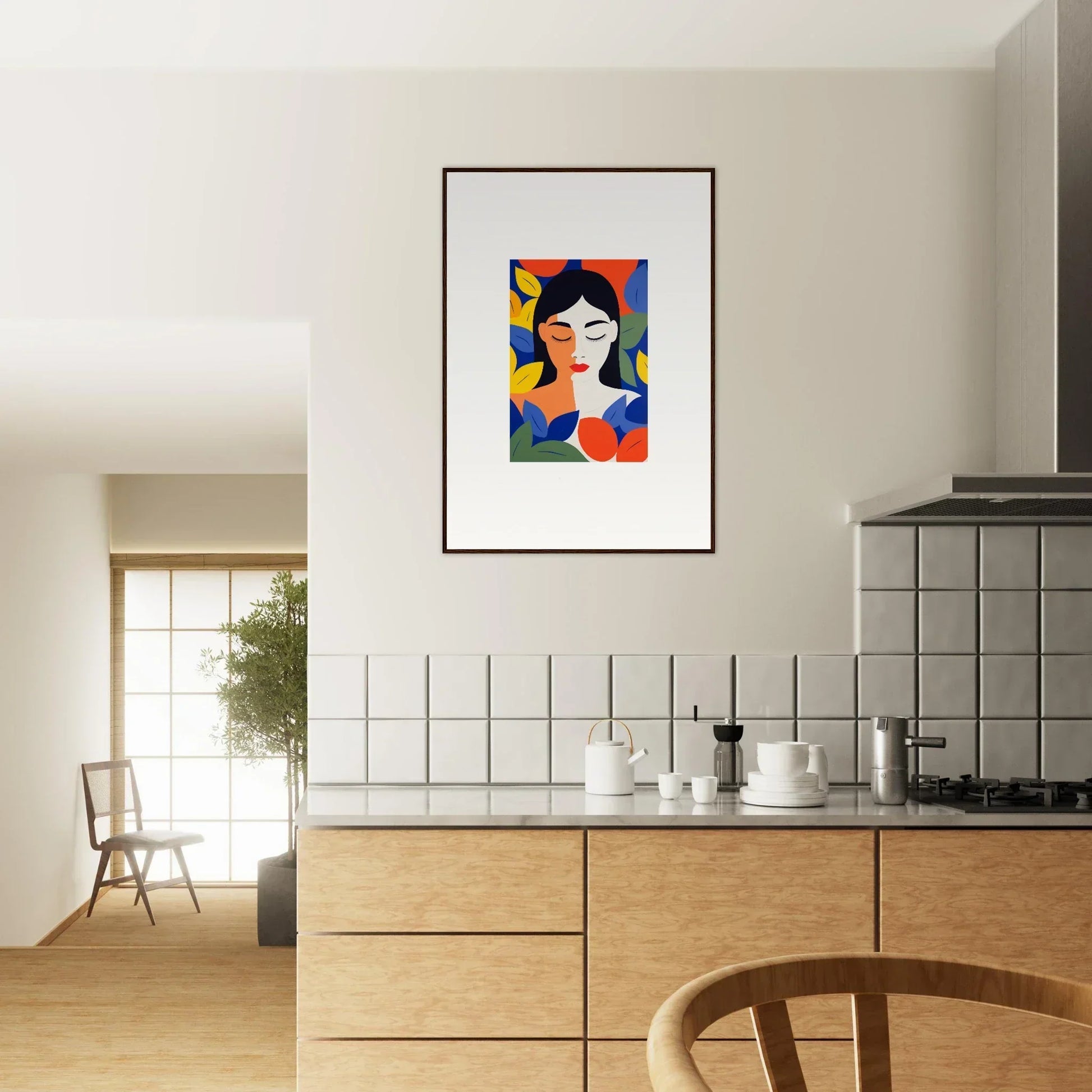 Colorful abstract portrait of a woman as framed wall art for vibrant room decor