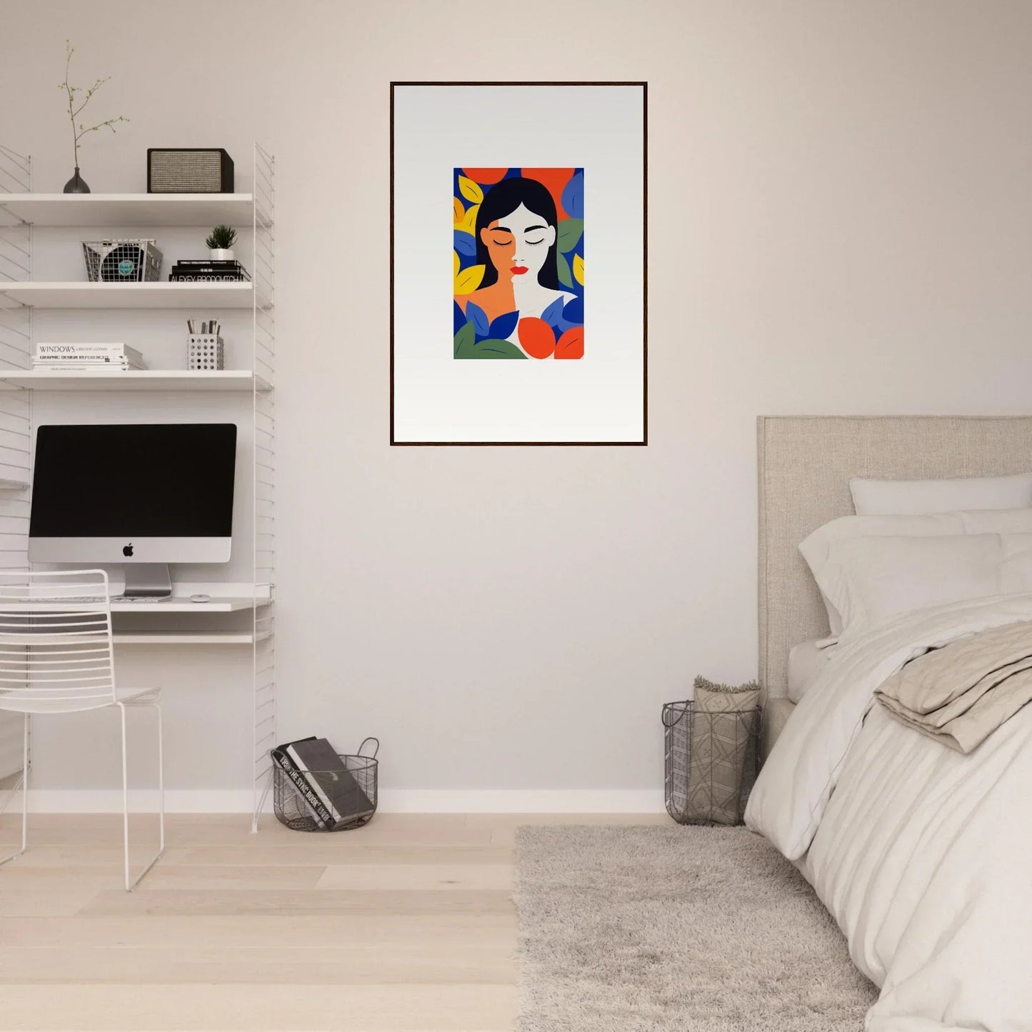 Colorful abstract portrait painting in a simple frame for stylish room decor