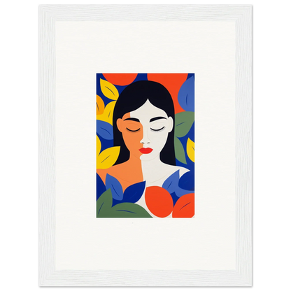 Colorful abstract portrait of a woman with leaves, perfect for room decor and canvas prints