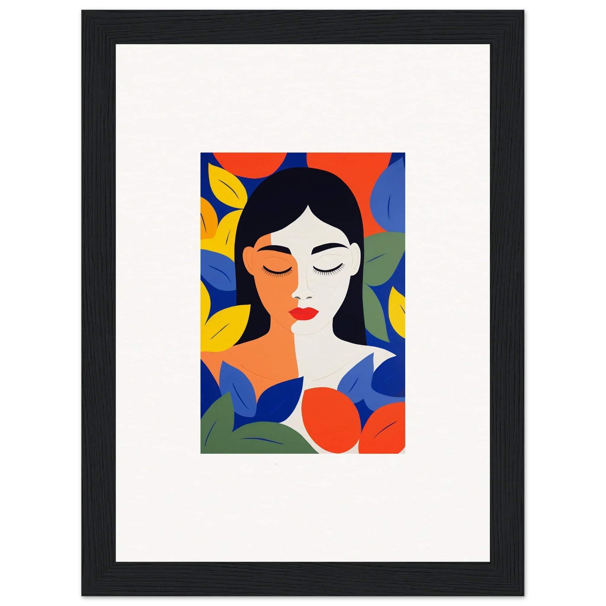 Colorful abstract portrait of a woman in stylized leaves, perfect for room decor