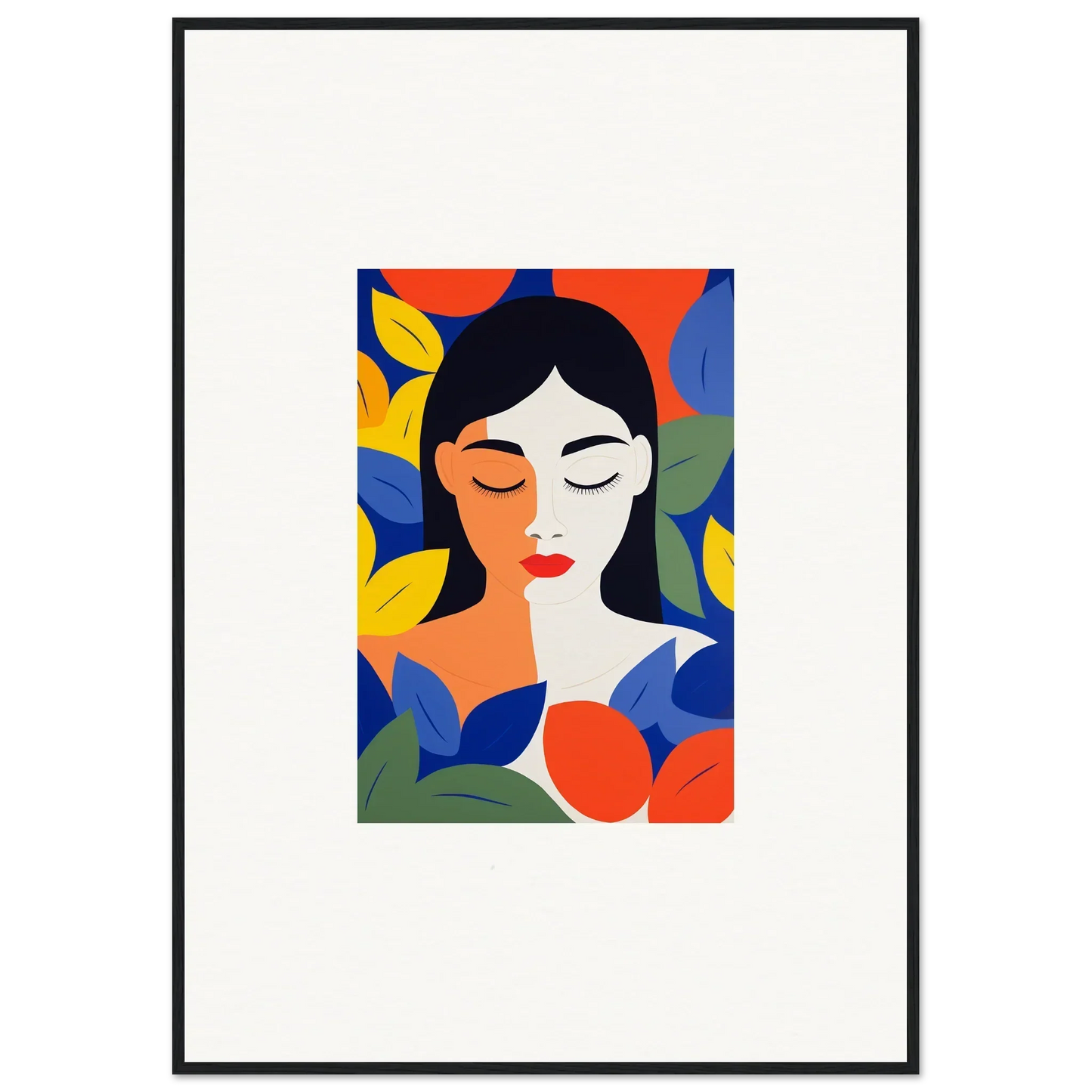 Colorful abstract portrait of a woman with leaves, perfect for framed wall art and room decor