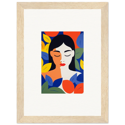 Colorful abstract portrait of a woman with leaves, perfect for room decor or framed wall art