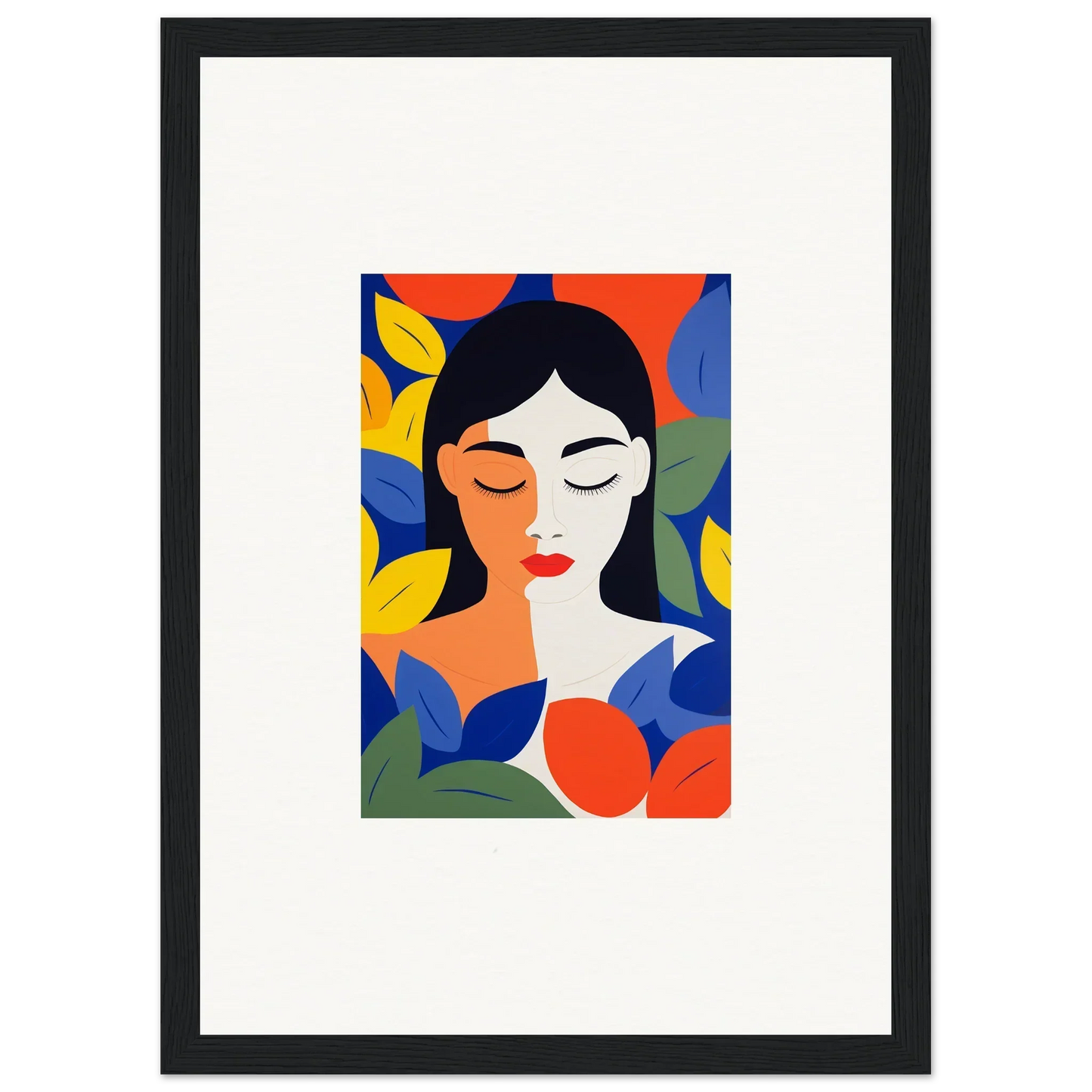 Colorful abstract portrait of a woman with leaves, perfect for room decor or canvas prints