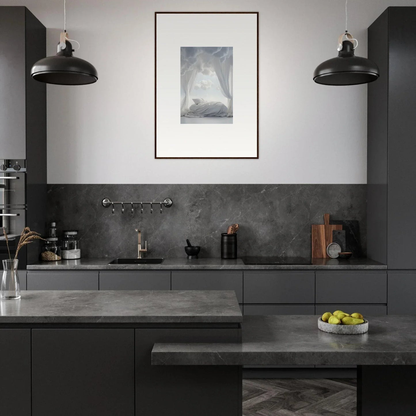 Modern kitchen with dark gray cabinetry, perfect for Acres Whisper room decoration