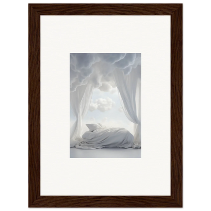 Framed canvas print of a white bed with billowing curtains for dreamy room decoration