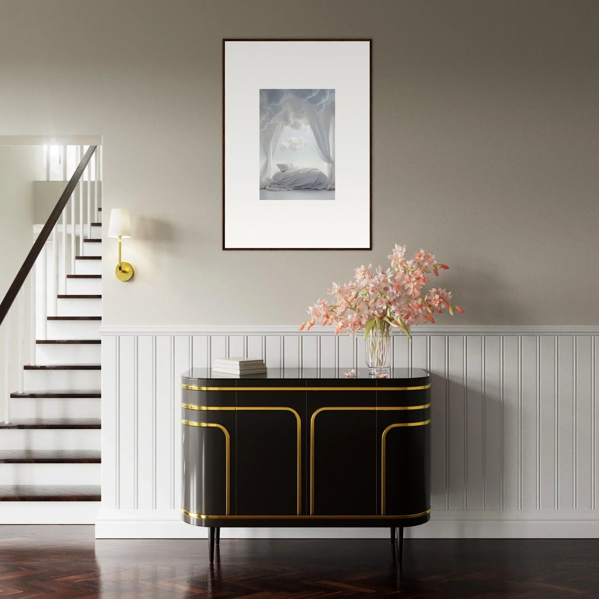 Elegant black and gold sideboard with pink flowers for classy Acres Whisper room decoration