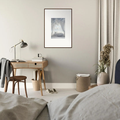 Minimalist bedroom with wooden desk, lamp, and canvas print for Acres Whisper vibe