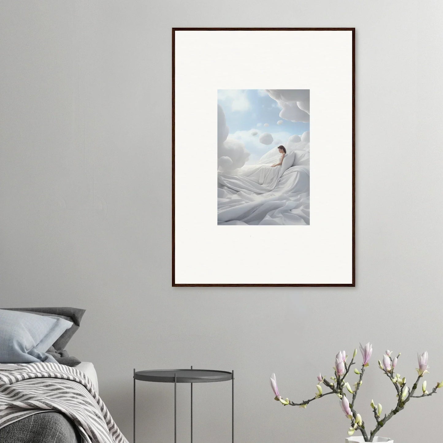 Framed wall art of a figure in white robes, perfect for a Cotton Dream room decor