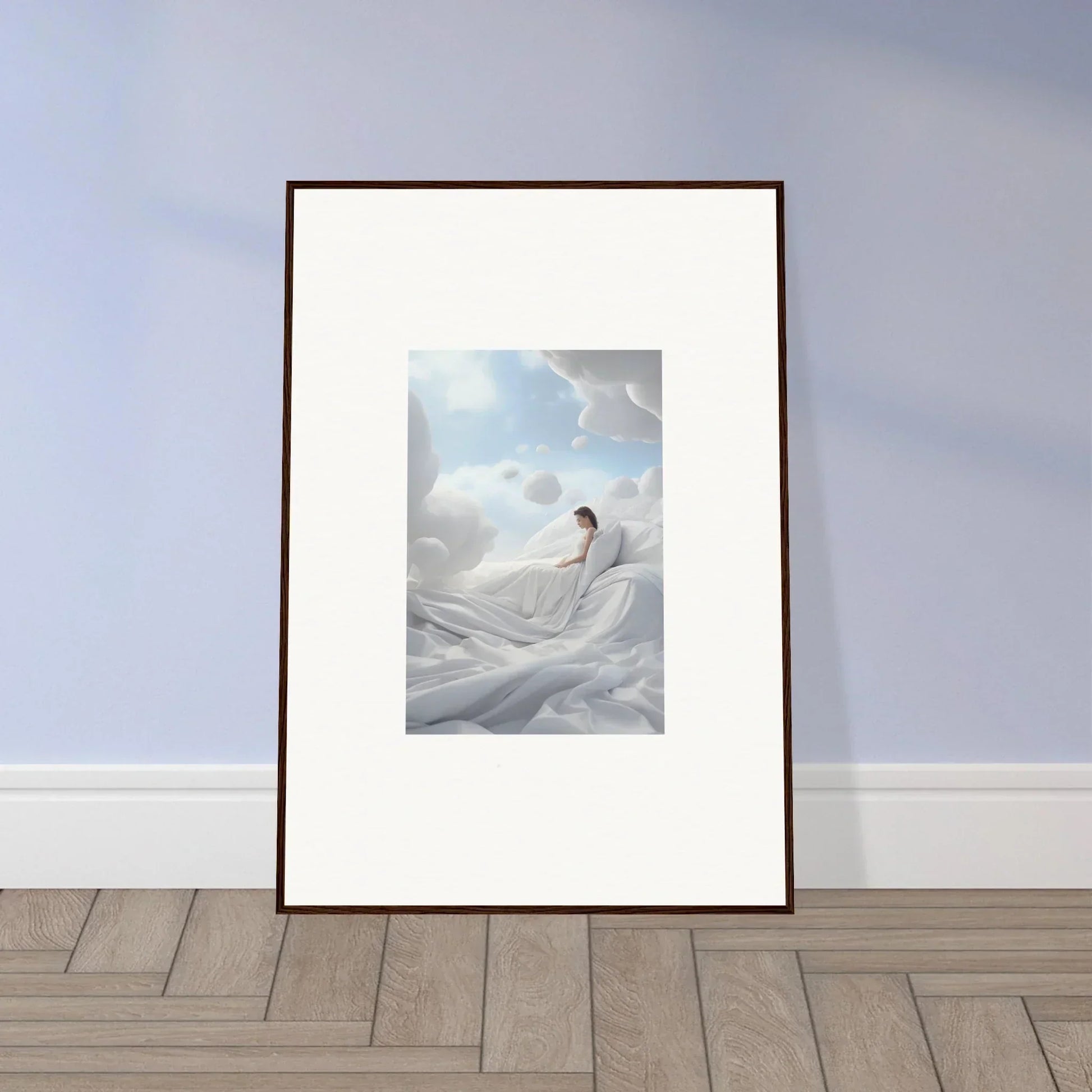 Framed wall art of a figure in billowing white fabric for a cotton dream room decor