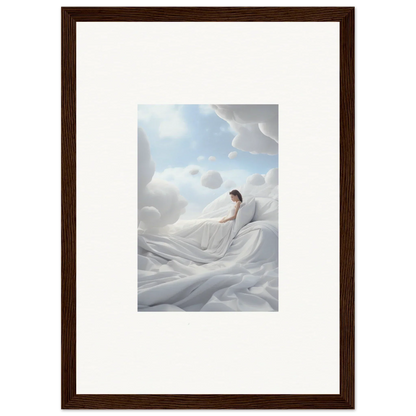 Woman peacefully sleeping on soft cotton dream fabric, ideal for room decor and framed wall art