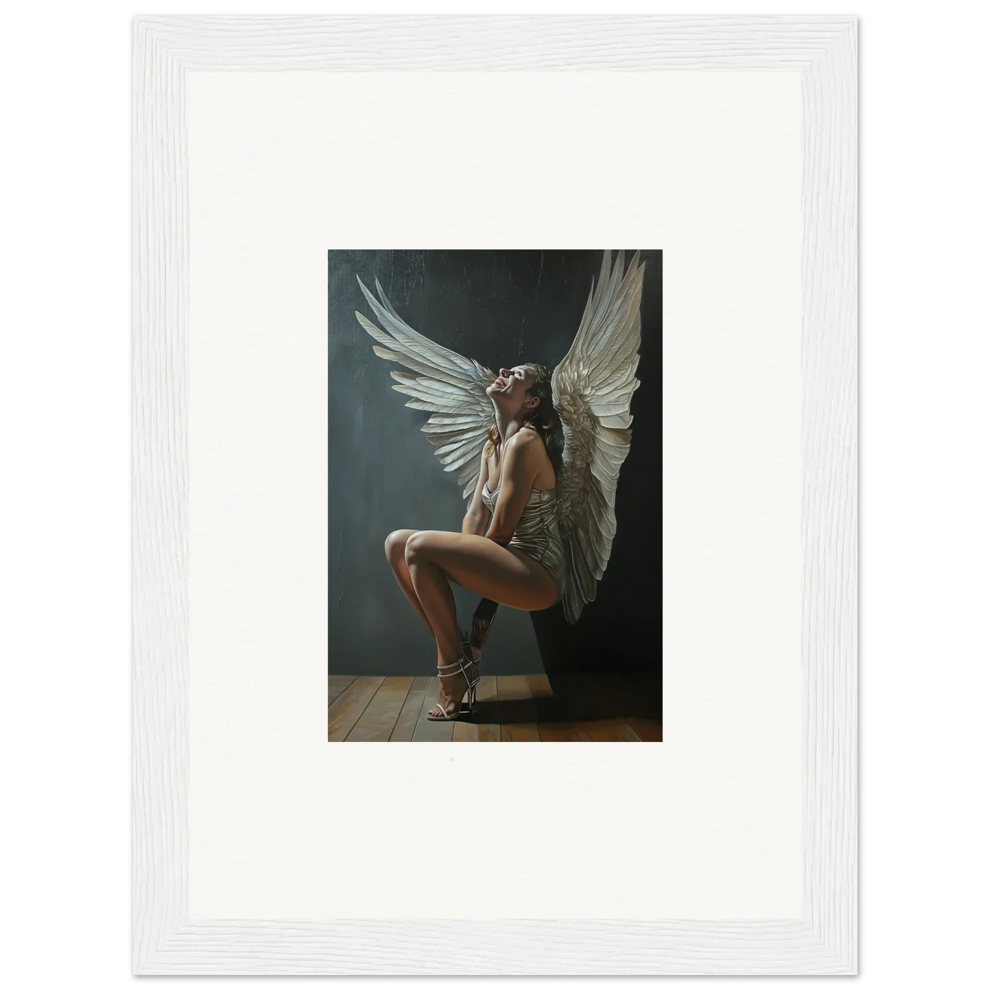 Nude figure with white wings on a stool, capturing Heavenly Weakened Psalms vibe