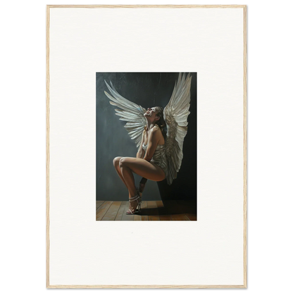 Nude figure with large white wings crouching on a wooden floor for Heavenly Weakened Psalms