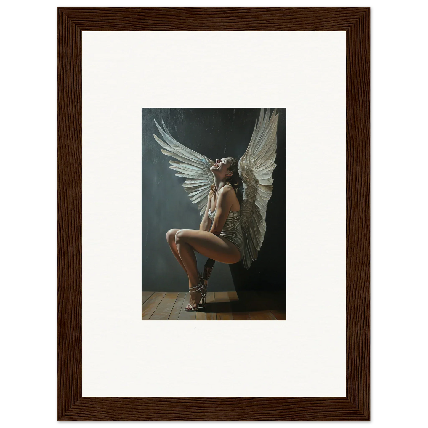 Framed artwork of a figure with white wings in Heavenly Weakened Psalms design