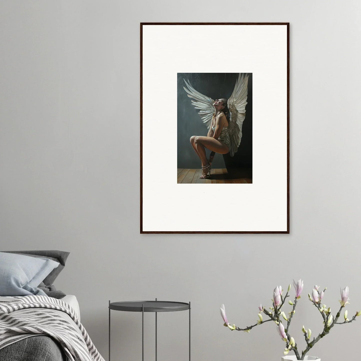 Framed Heavenly Weakened Psalms artwork of a winged figure sitting on a stool