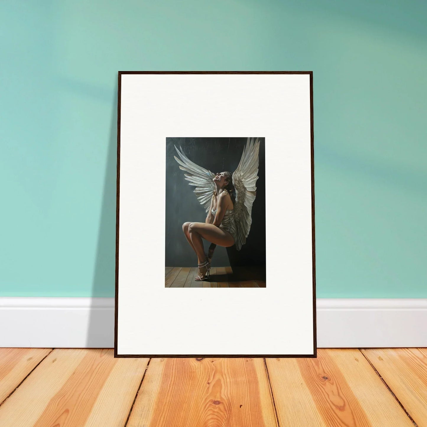 Framed photo of a nude figure with white wings, part of Heavenly Weakened Psalms